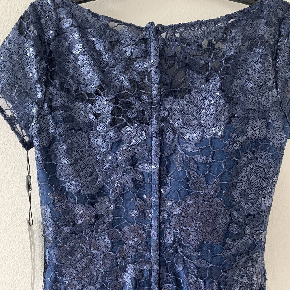 La Femme Size 6 Blue Sequin Elegant Floral Lace & Satin Evening Gown Dress - Picture 5 of 7